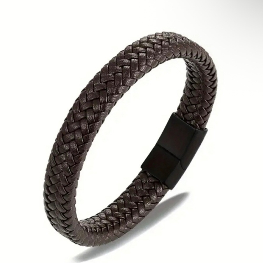 Mens Braided Genuine Leather Bracelet Black Magnetic Buckle 8.2 Inch Cord Wrap